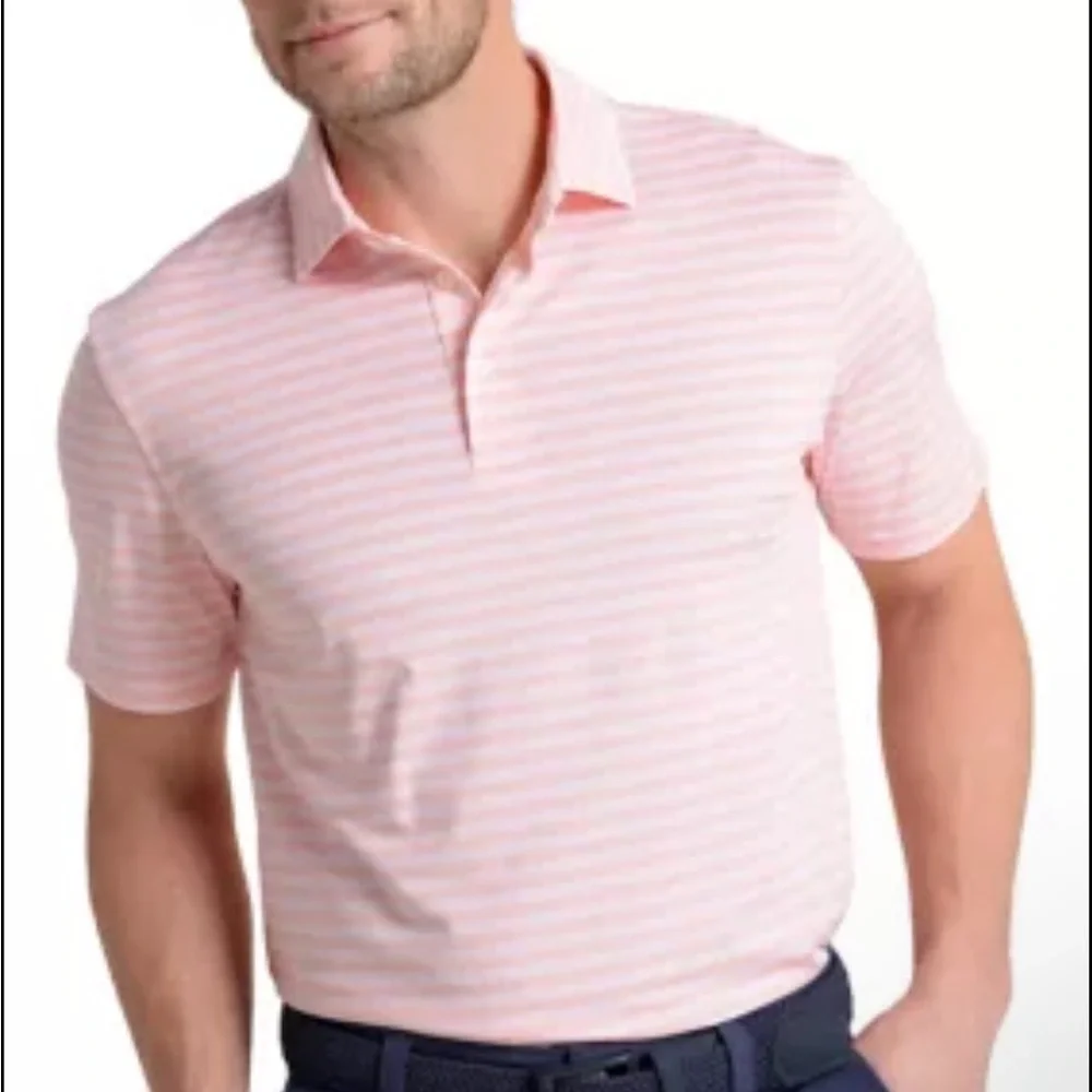 RLX Ralph Lauren Wicki Performance Golf Polo Shirt pink and white stripe Sz L